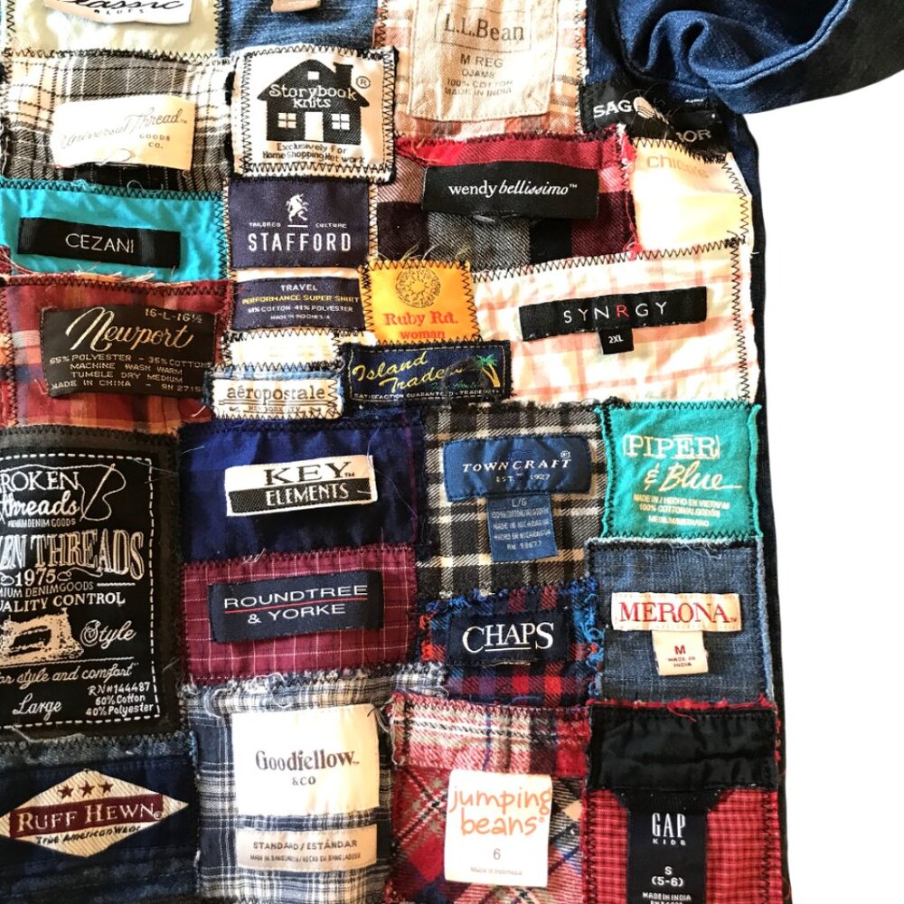 Upcycled Labels Jean Jacket Cropped Shirt Coat, Sewn-On Clothing Labels Sz S - M - Picture 10 of 16